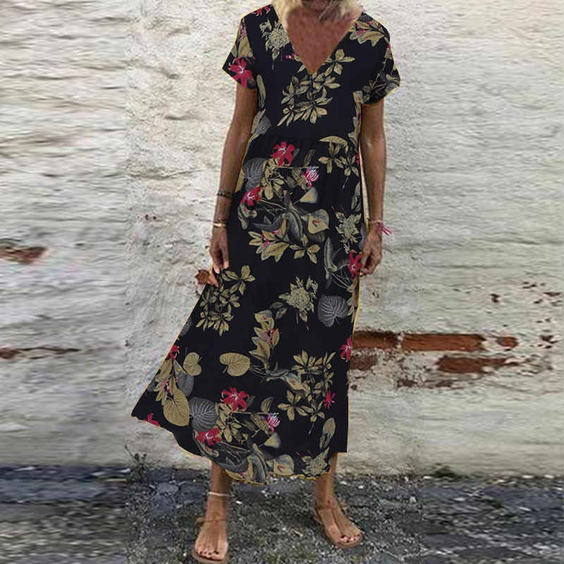 Mujeres Verano Manga Corta Cuello en V Floral Estampado Vestido Largo Vacaciones Playa Solero - Imagen 33 de 43