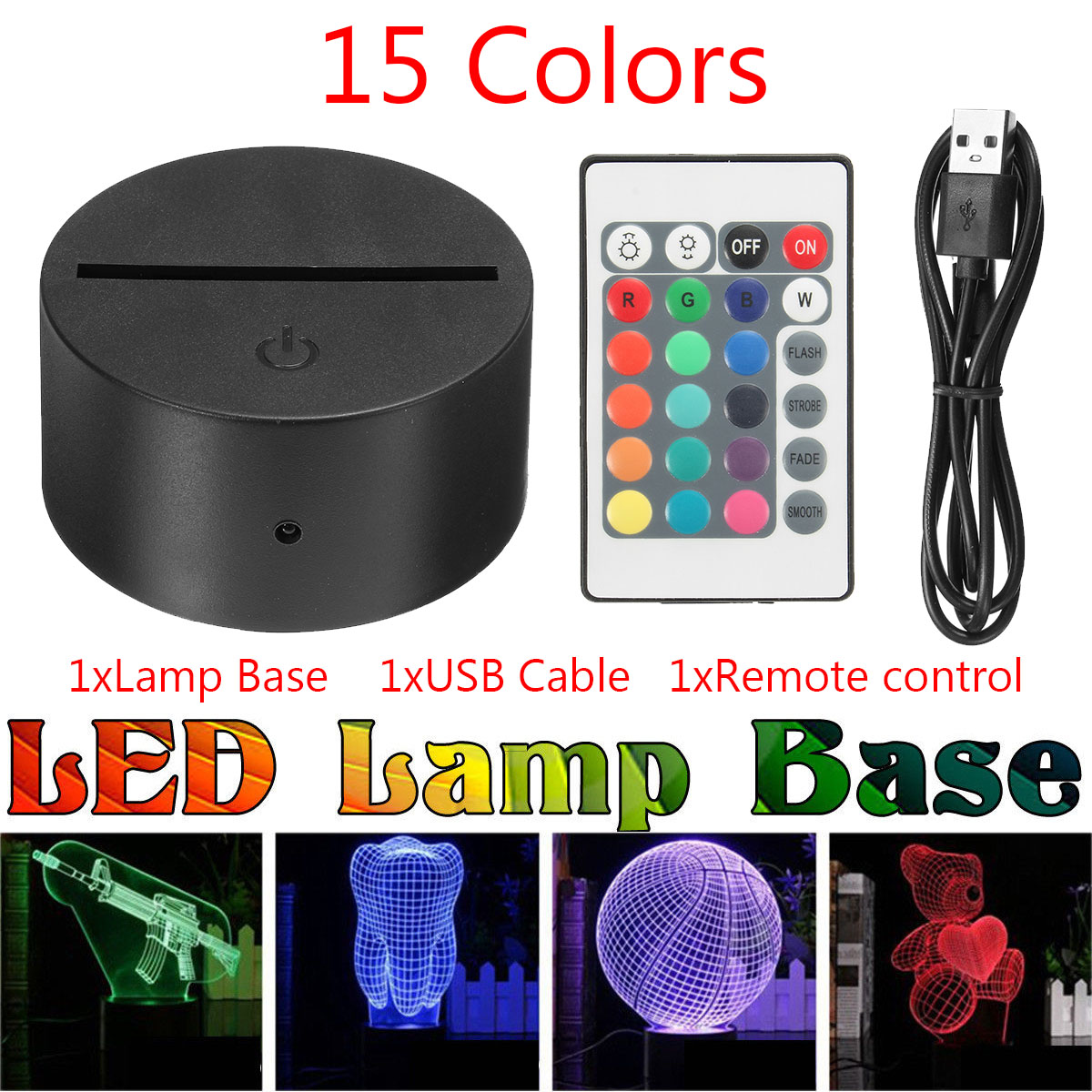 LED ABS Acrylic Black 3D Lamp Night Light Base USB Cable Remote Control CN
