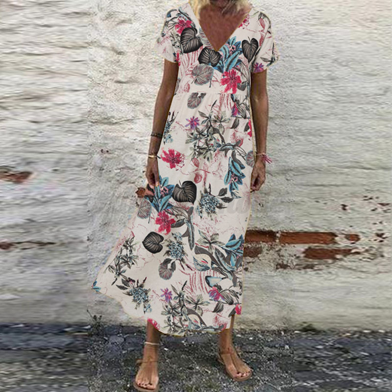 Mujeres Verano Manga Corta Cuello en V Floral Estampado Vestido Largo Vacaciones Playa Solero - Imagen 32 de 43