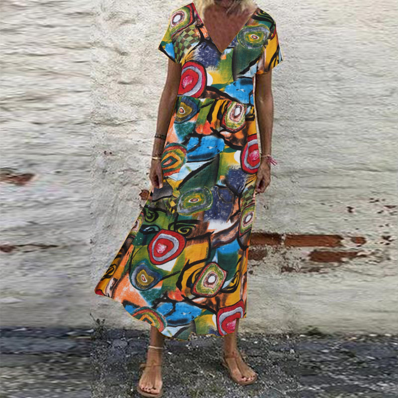 Mujeres Verano Manga Corta Cuello en V Floral Estampado Vestido Largo Vacaciones Playa Solero - Imagen 30 de 43