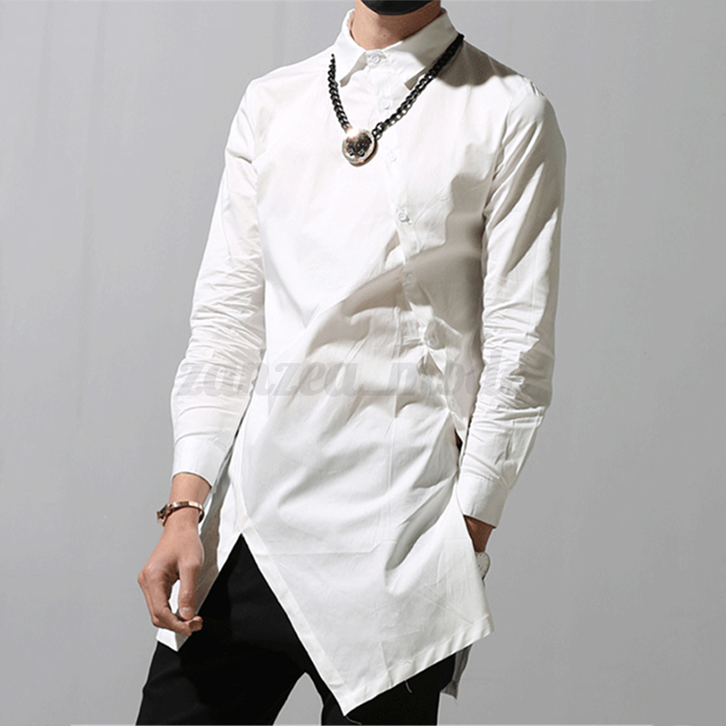 Men's Gothic Retro Baggy Shirt Long Sleeve Asymmetric Hem Tops Long Shirt Kaftan - Picture 14 of 14