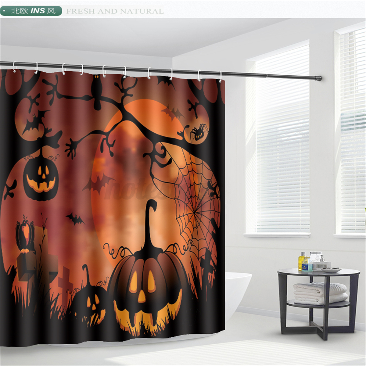 Halloween Pumpkin Shower Curtain BathMat Toilet Cover Rugs Bathroom Set 1//3//4Pcs