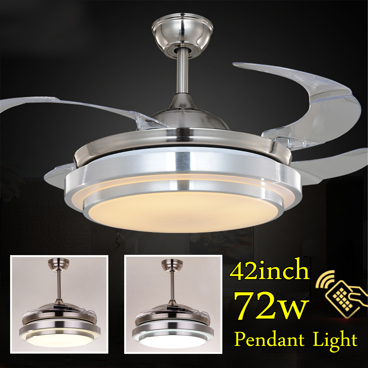 Details About 50x42cm Modern Retractable Blade Ceiling Fan Led Pendant Lights Remote Control