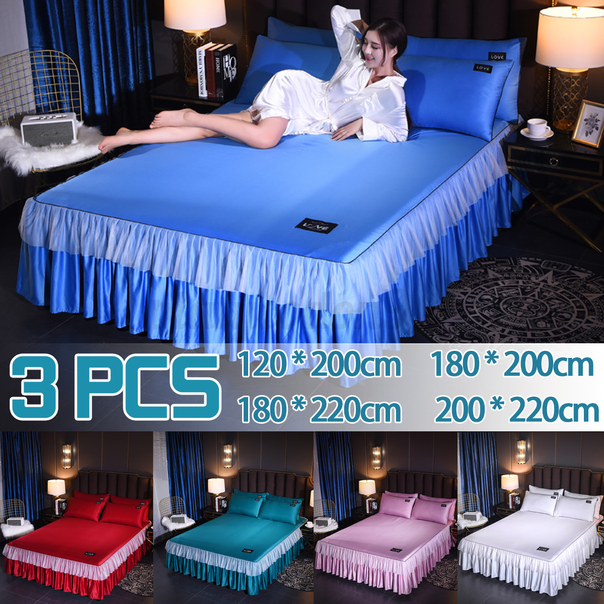 3pc Faux Ice Silk Fabric with Bed Skirt Pillow Case Soft ...