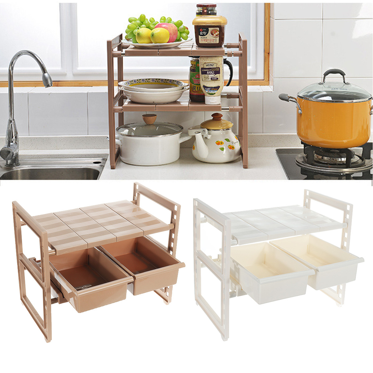 2 Tier Expandable Under Sink Storage Shelf Kitchen Bath Organizer