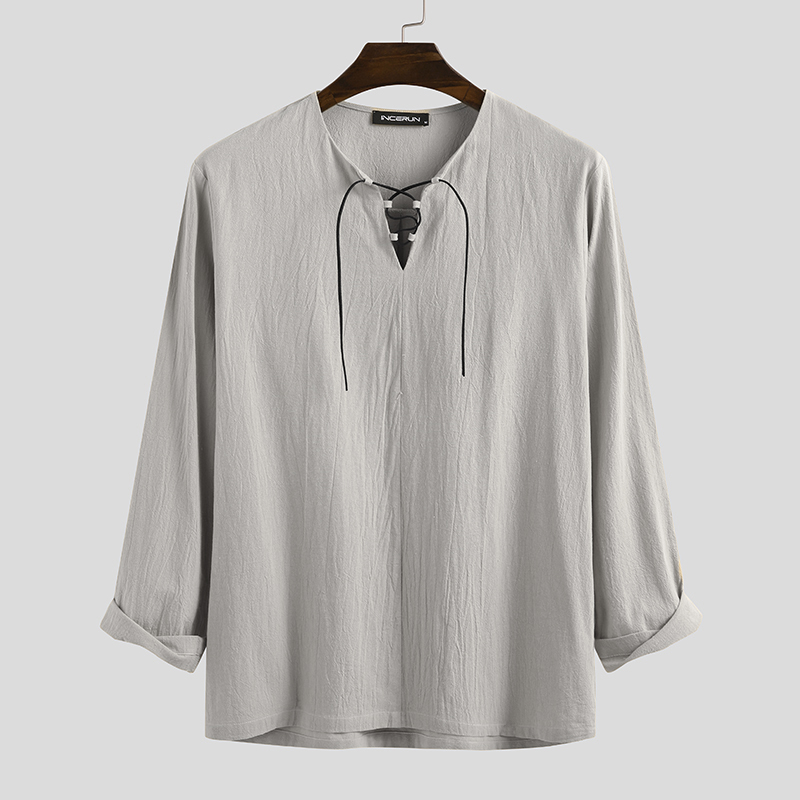 Mens Linen Shirt Long Sleeve Retro V Neck Linen Blouse Lace