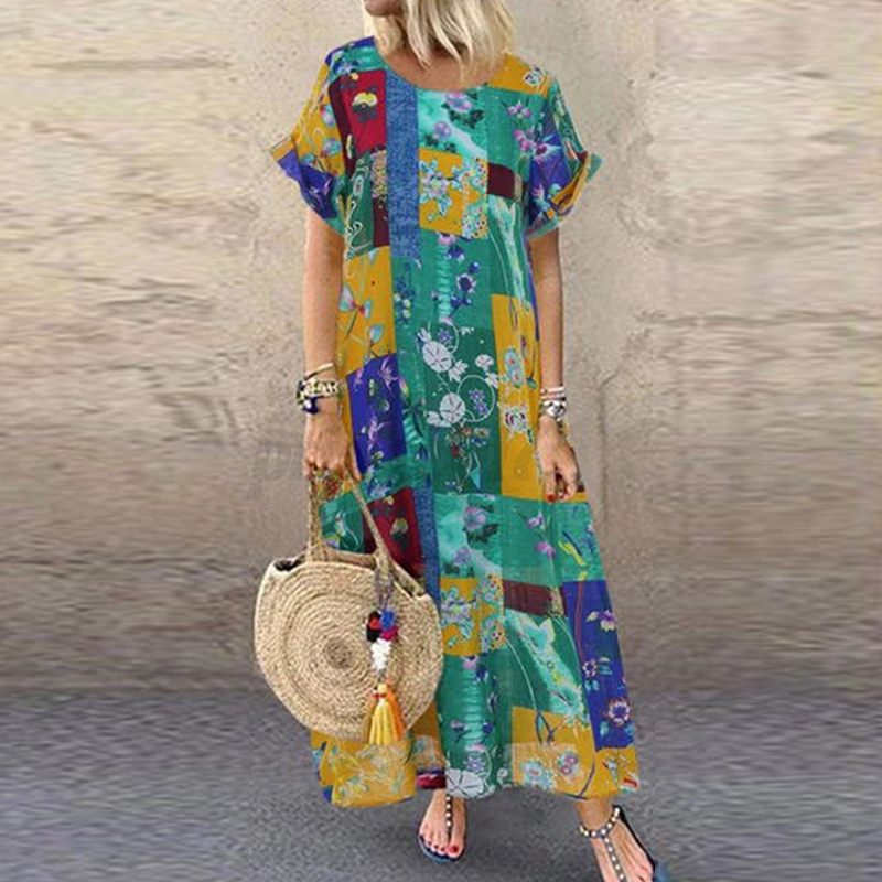 Belle Femme Casual Manches Septième Imprimé Floral Col Rond Plage Robe Dresse Belle Femme Casual Manches Septième Imprimé Floral Col Rond Plage Robe Dresse