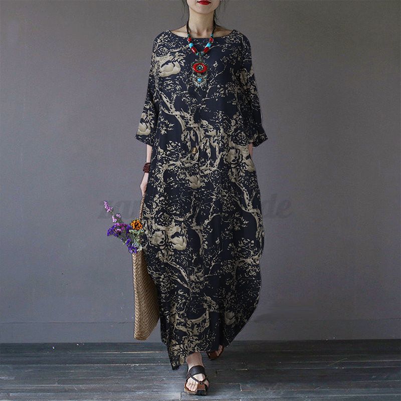 Maxi Vestido Largo UK Para Mujer Manga Larga Estampado Floral Informal Suelto Cóctel Fiesta - Imagen 25 de 28