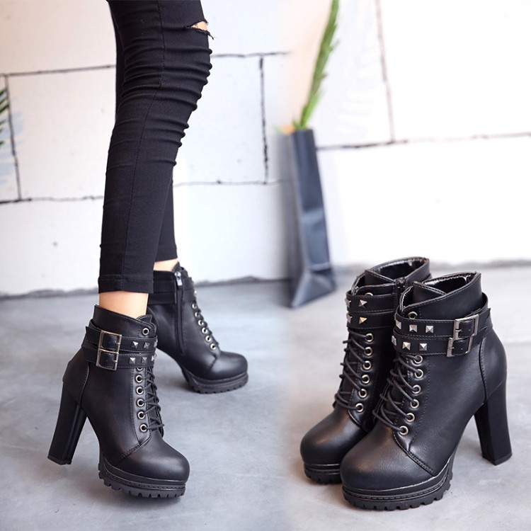 Details about Women Ankle Boots Combat High Block Heel Platform Gothic Knight Preppy Shoes