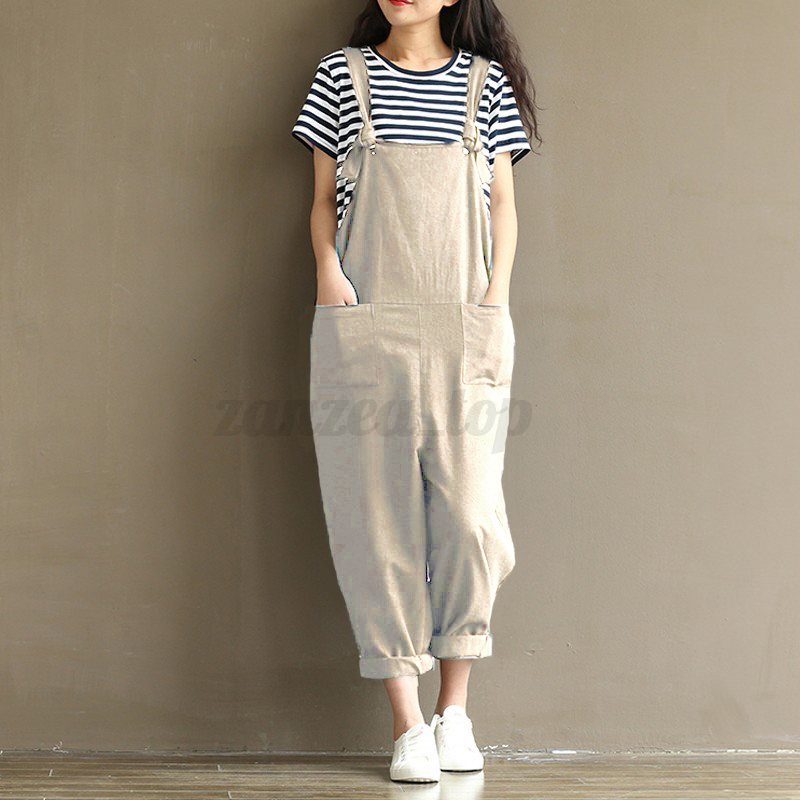 Women Casual Loose Cotton Jumpsuit Strap Dungaree Trousers 