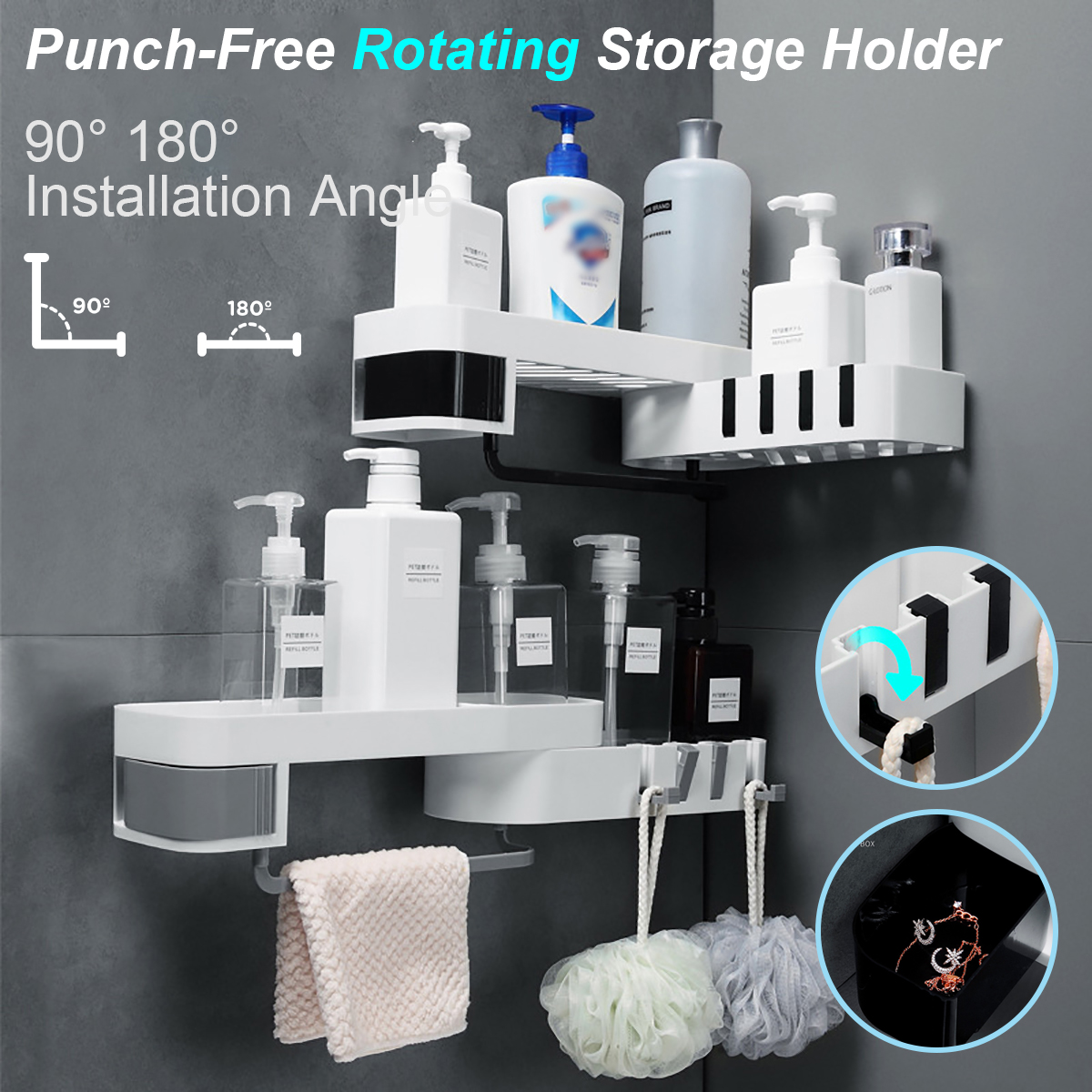 Punch-free Bathroom Kitchen Triangular Wall Corner Shelf Storage Rack Organizer
