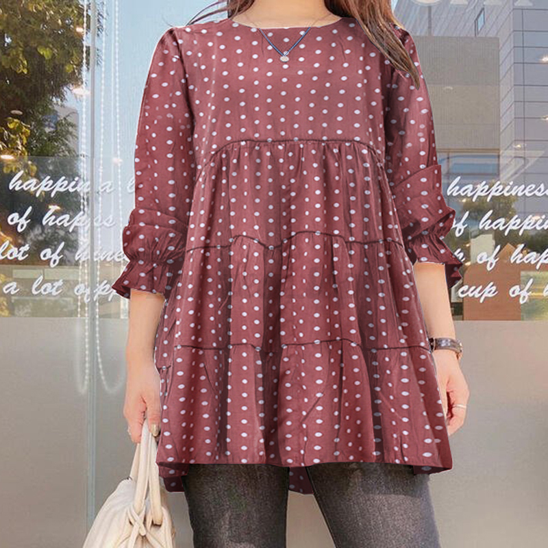 ZANZEA Women's Evening Office Work Shirt Basic Long Sleeve Polka Dot Tops Blouse - Picture 15 of 17