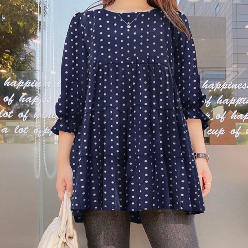 ZANZEA Women's Evening Office Work Shirt Basic Long Sleeve Polka Dot Tops Blouse - Picture 14 of 17