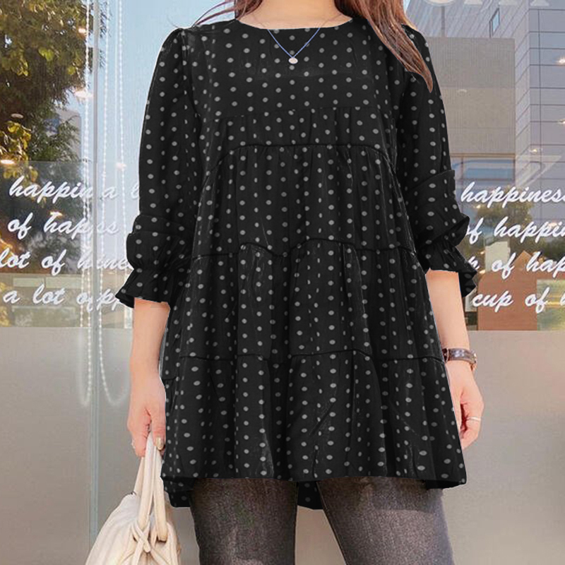 ZANZEA Women's Evening Office Work Shirt Basic Long Sleeve Polka Dot Tops Blouse - Picture 13 of 17