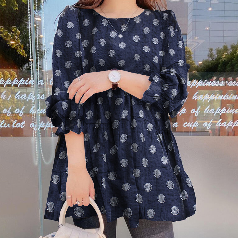 ZANZEA Women's Evening Office Work Shirt Basic Long Sleeve Polka Dot Tops Blouse - Picture 16 of 17