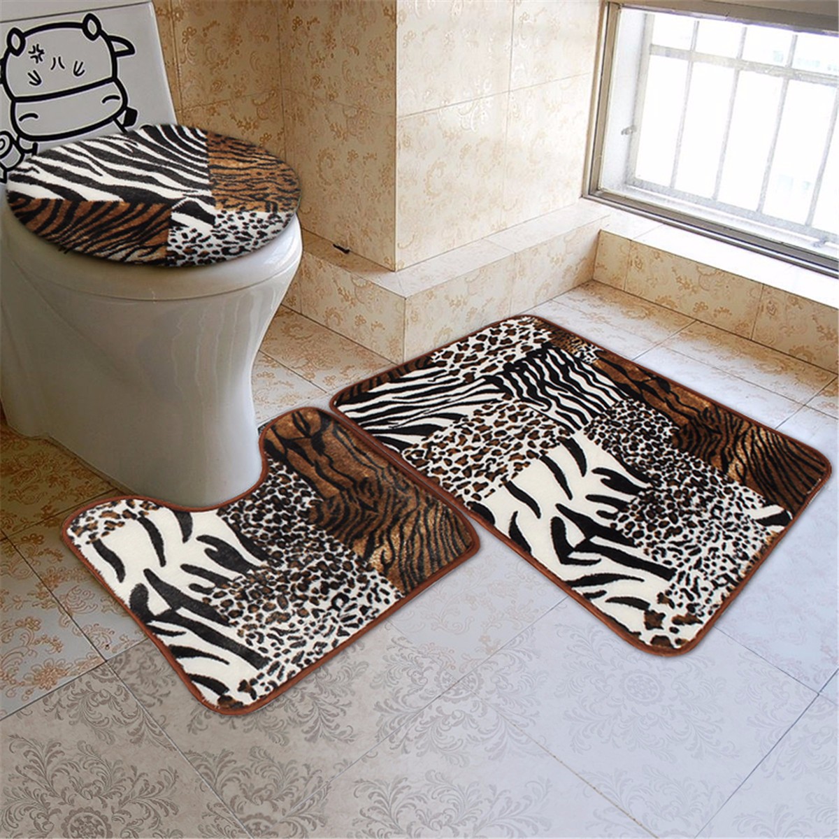 Zebra Leopard Print Toilet Cover Set Bath Bathroom Mat Rug