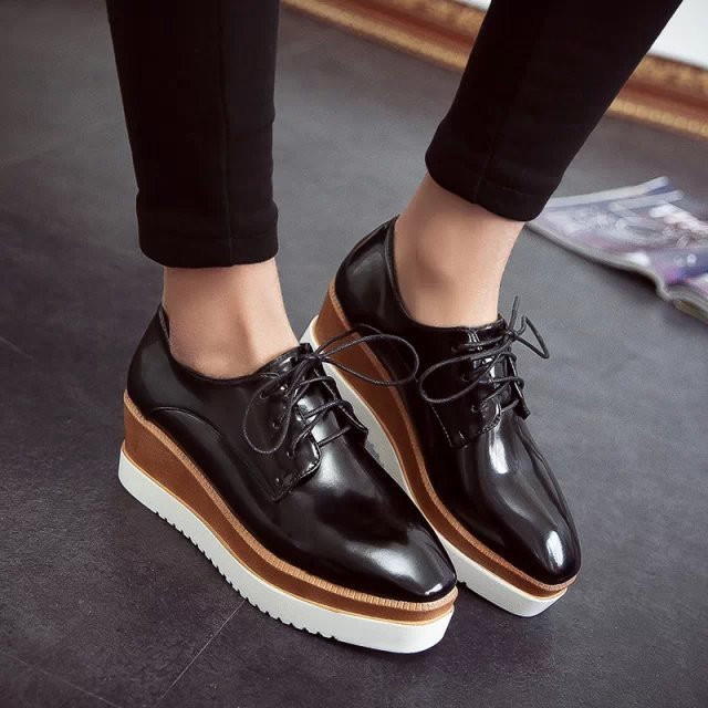 Womens Square Toe Lace Up Platform Wedge Creeper Oxfords Mid Heel Womens Square Toe Lace Up Platform Wedge Creeper