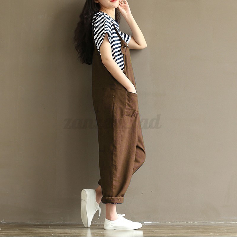 S-5XL DE Damen Cotton Latzhose Sommer Weites Bein Röhren Harem Anzug Spielanzug