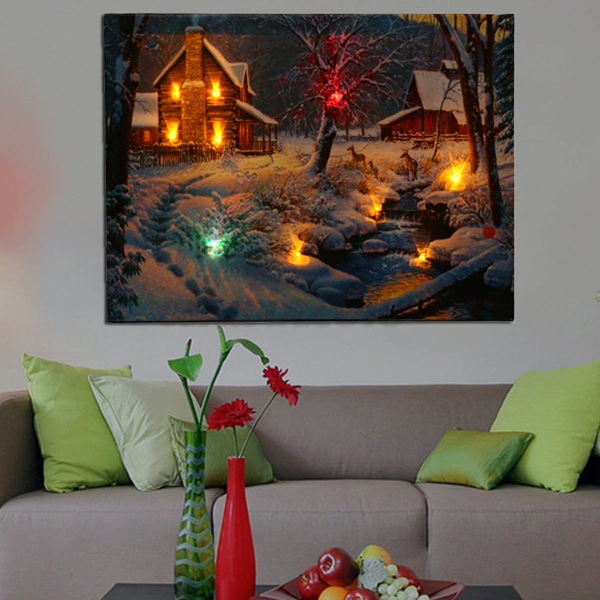 LED Lightup 20'' Batteries Operated Snow Cabin Canvas