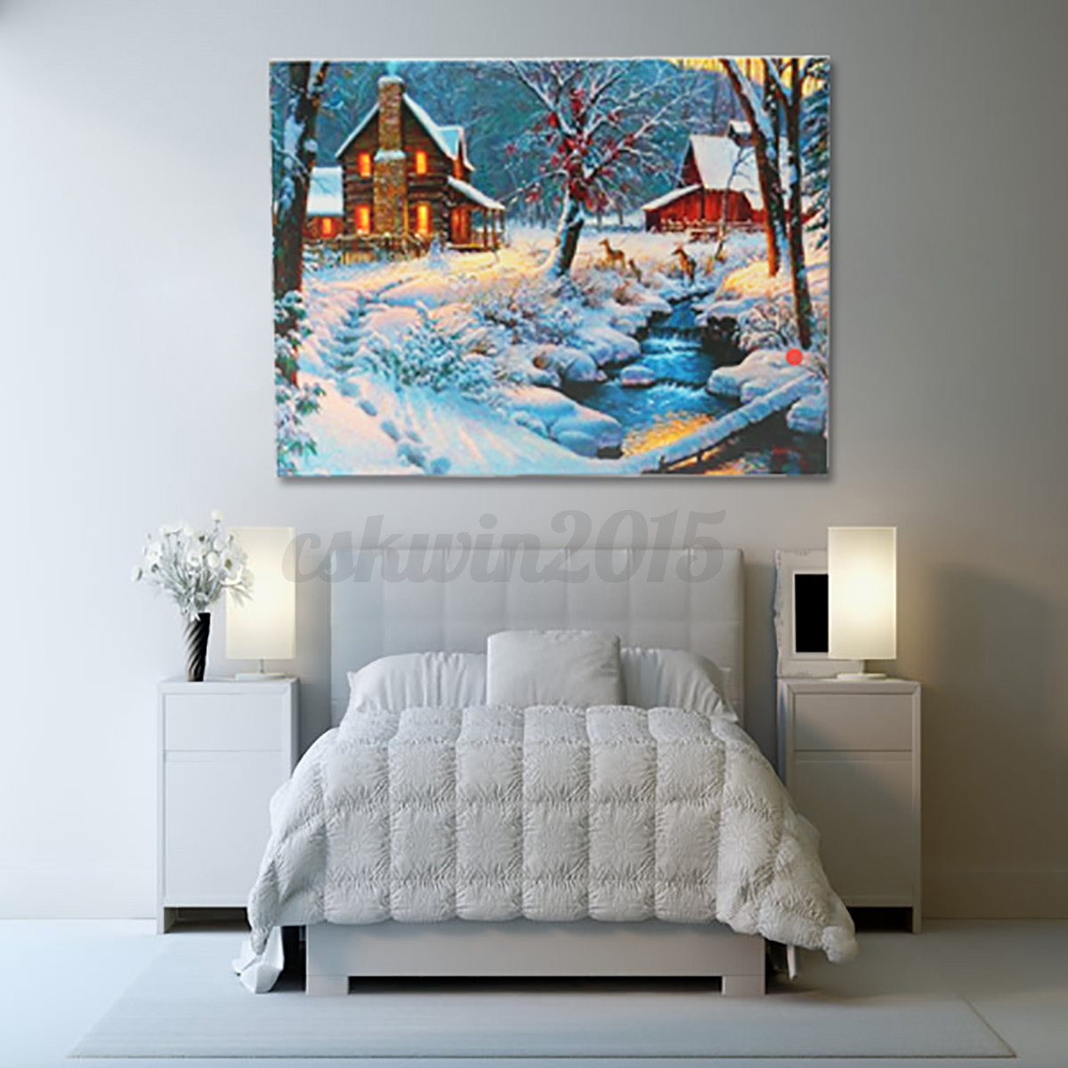 LED Light-up 20 Batteries Operated Snow Cabin Canvas Print Wall Decor Unframed