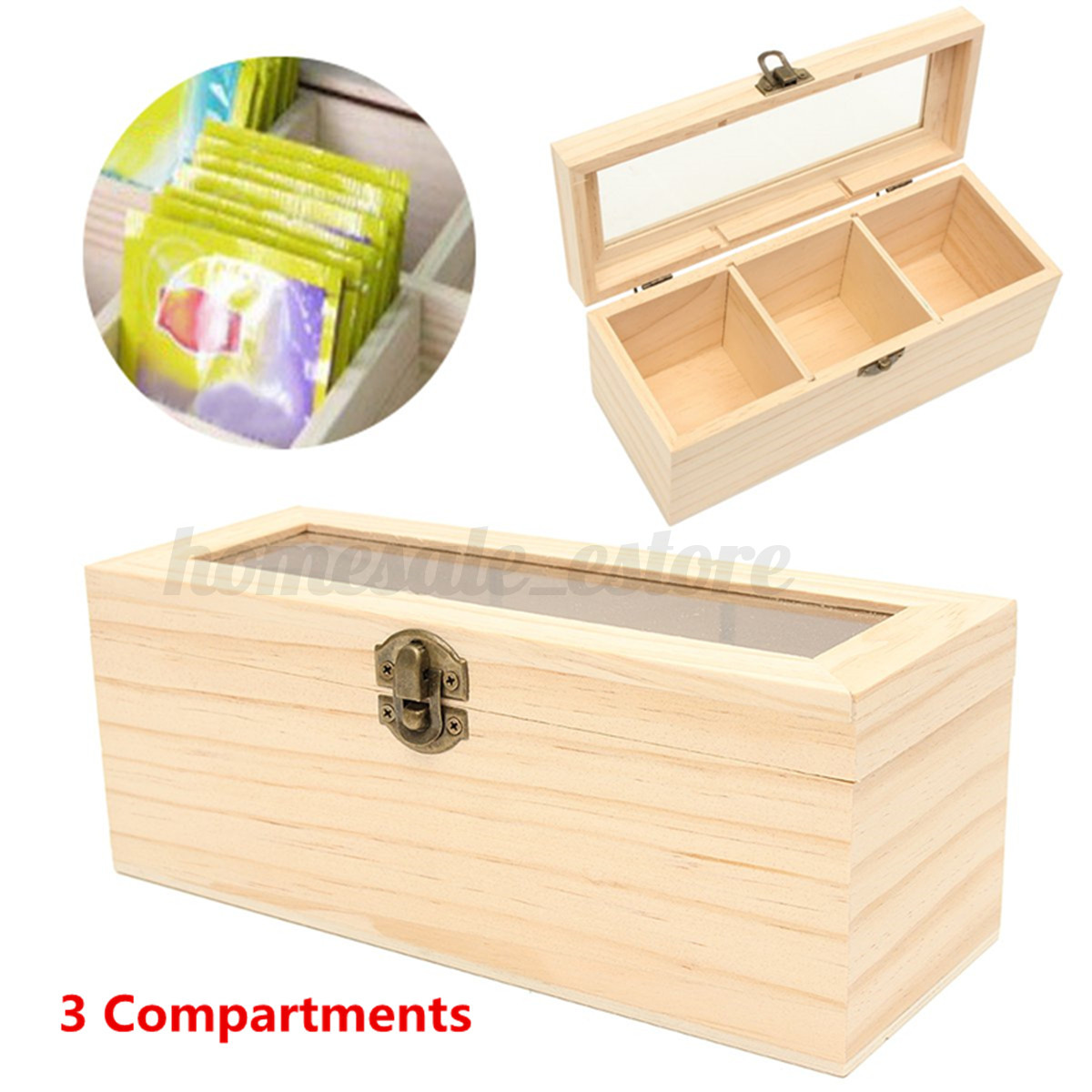 3 Compartment Wooden Tea Box Antique Chest Tin Caddy Glass Lid Detail Image