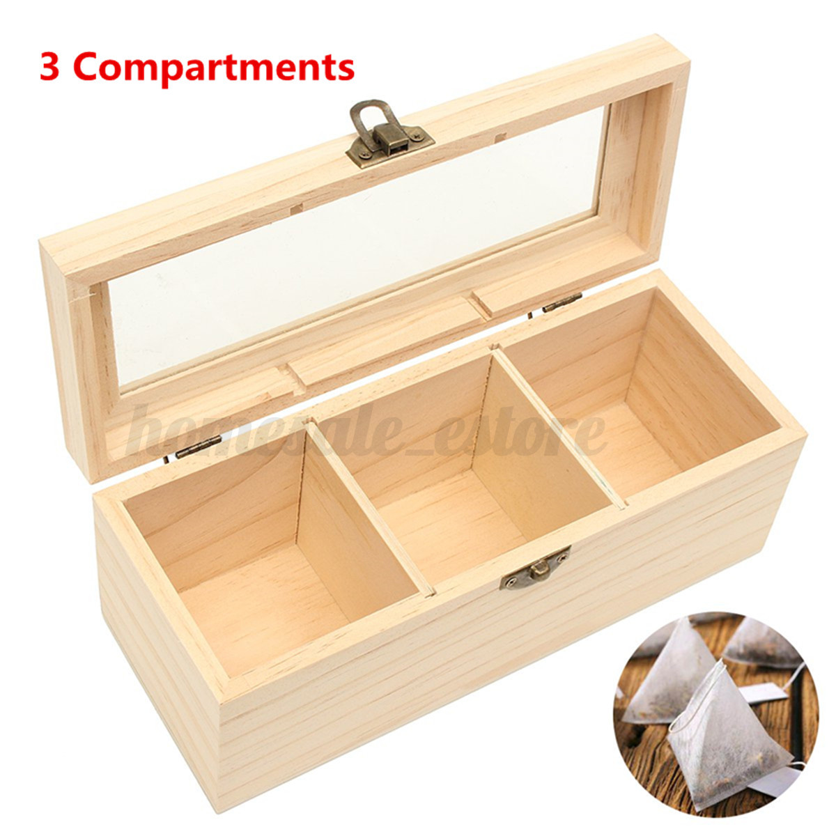 3 Compartment Wooden Tea Box Antique Chest Tin Caddy Glass Lid Detail Image