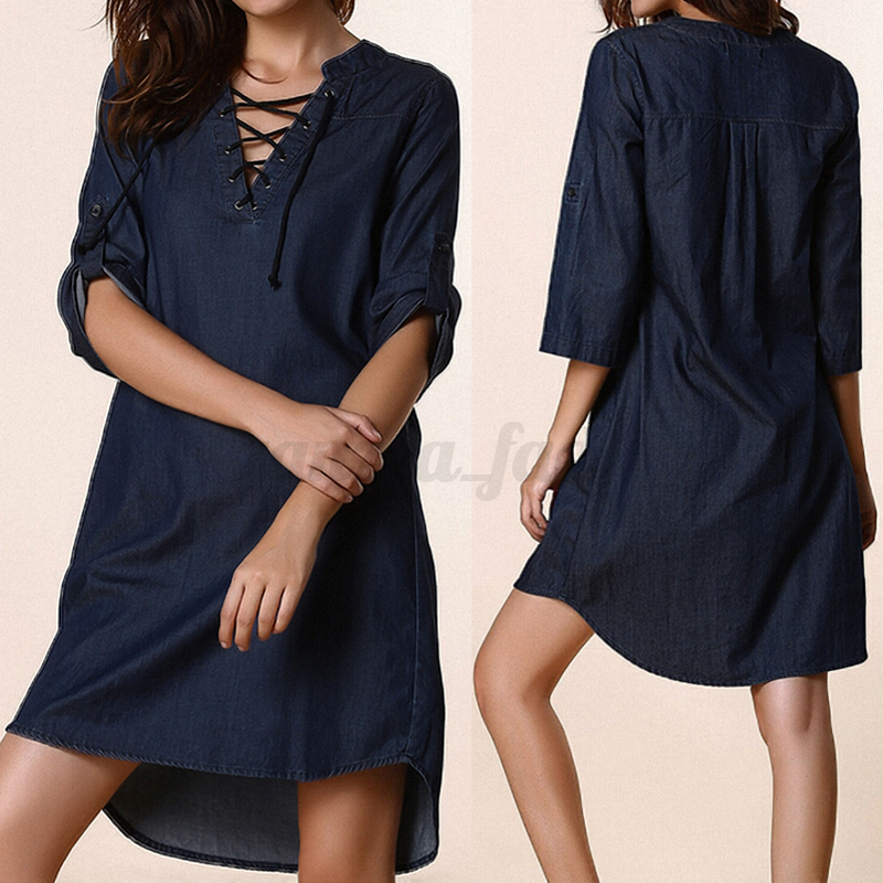 UK 8-24 Women Casual V Neck Denim Look Lace-up Tunic Tops Shirt Mini Dress Plus