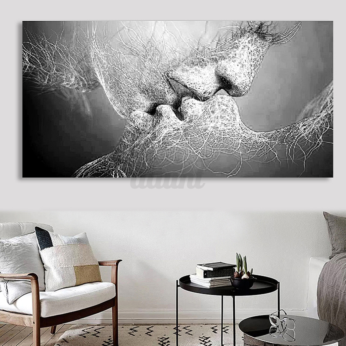Black & White Love Kiss Abstract Art on Canvas Painting